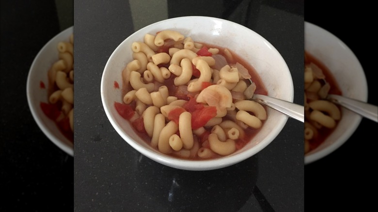 Macaroni and tomatoes in a bowl