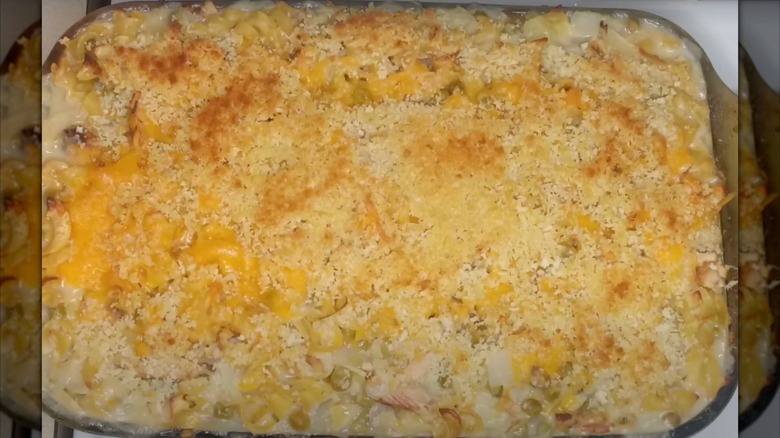 Overhead view of a salmon pasta casserole