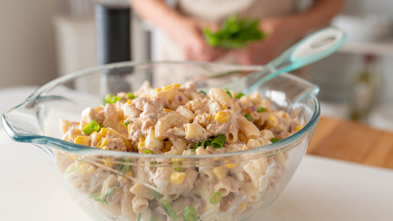 A bowl of tuna pasta salad