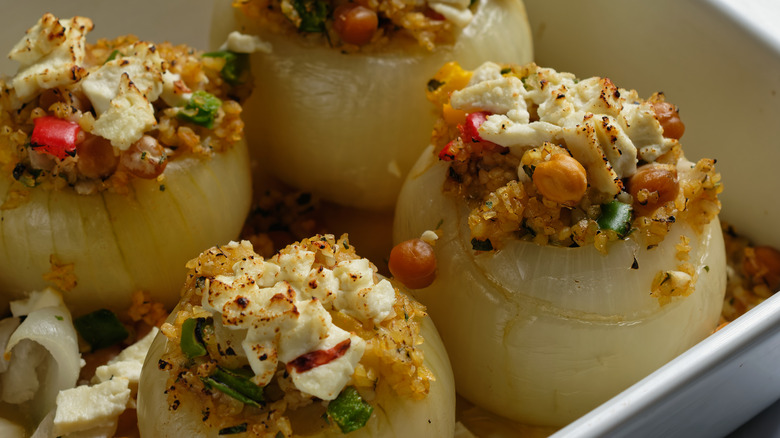 Old-school stuffed onions in baking tray