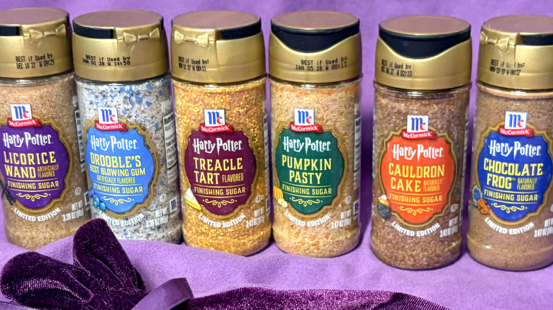 Six jars of Harry Potter finishing sugar flavors close together