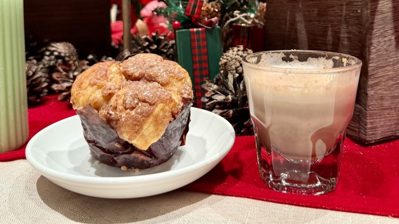 Cinnamon Pull-Apart Bread and Caramel Miso Hot Chocolate from Starbucks sitting on a red table cloth