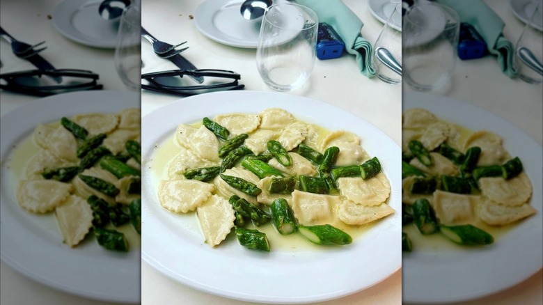 Stuffed ravioli with chopped asparagus and a butter sauce, at Giorgio Baldi.