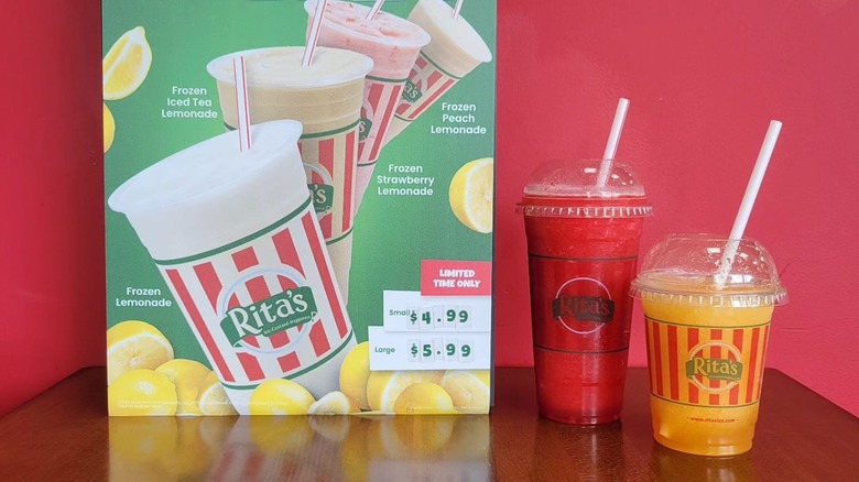 Frozen lemonades at a Rita's location next to sign