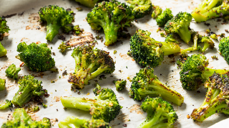 Roasted broccoli on baking tray