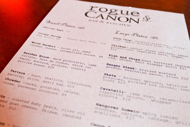 The Food Menu at Rogue & Canon