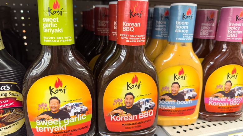 Close-up of Kogi BBQ sauces on shelf