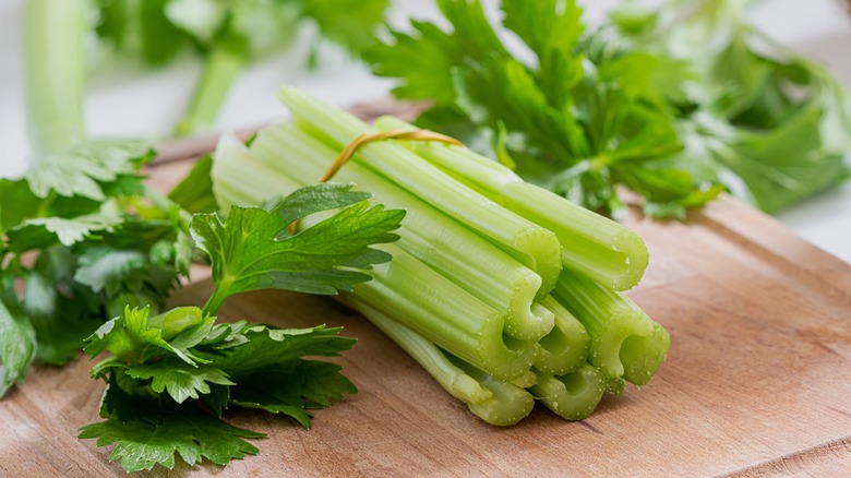 cut celery with celery leaves