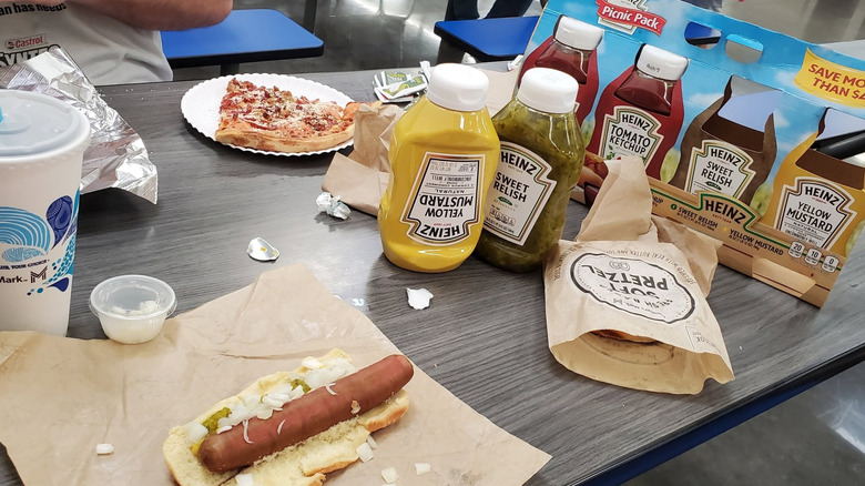 condiments like mustard and relish and ketchup at the sam's club cafe