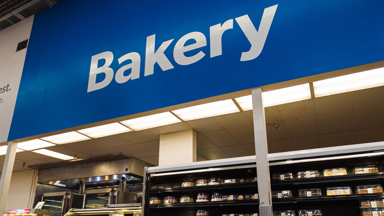 A "Bakery" sign above the bakery counter at a Sam's Club