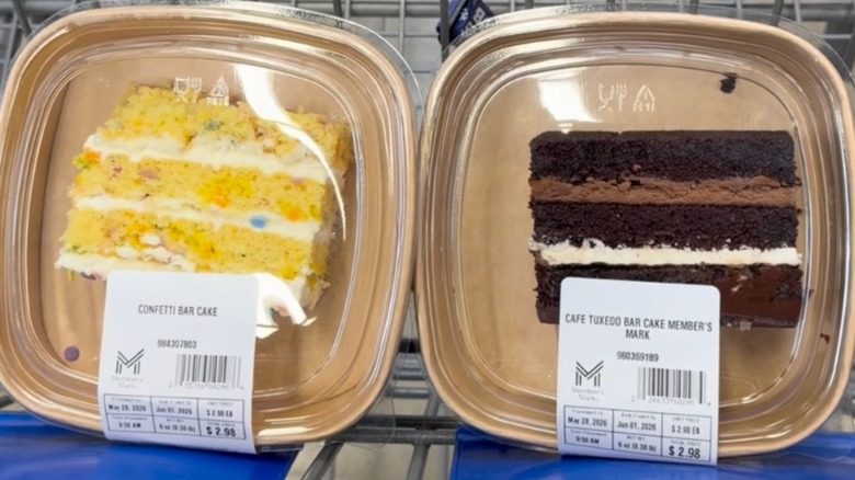 Slices of confetti and tuxedo cake in individual brown boxes with clear lids