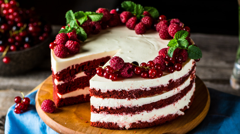 red velvet cake on platter