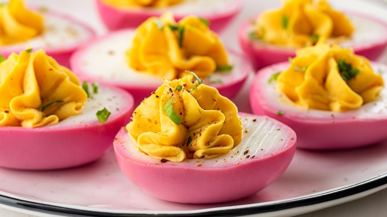 Pink-dyed deviled eggs
