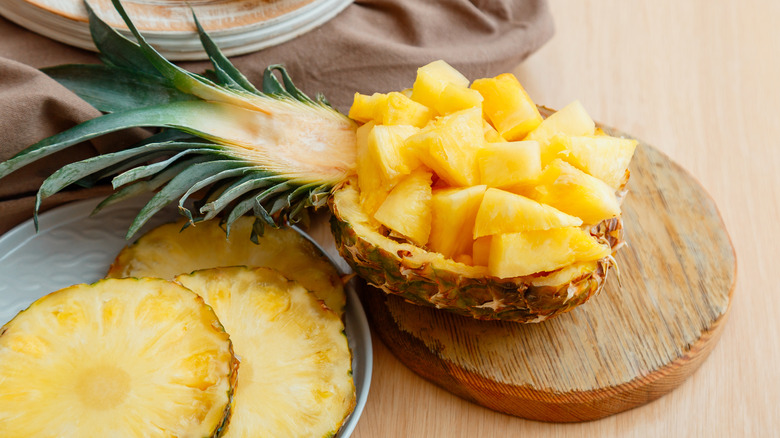 chopped, halved, and sliced pineapple