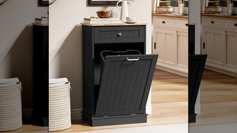 Trash can in decorative tilt-back cabinet