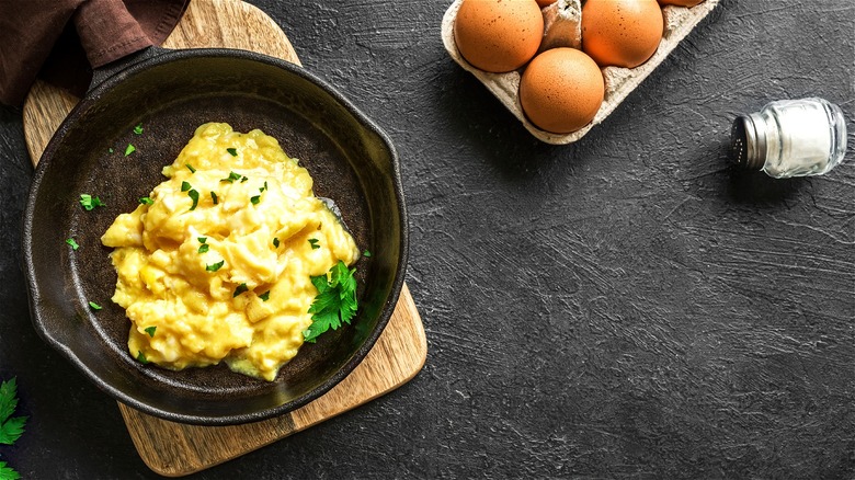 Scrambled eggs in cast iron skillet