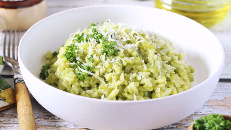 Bowl filled with green risotto