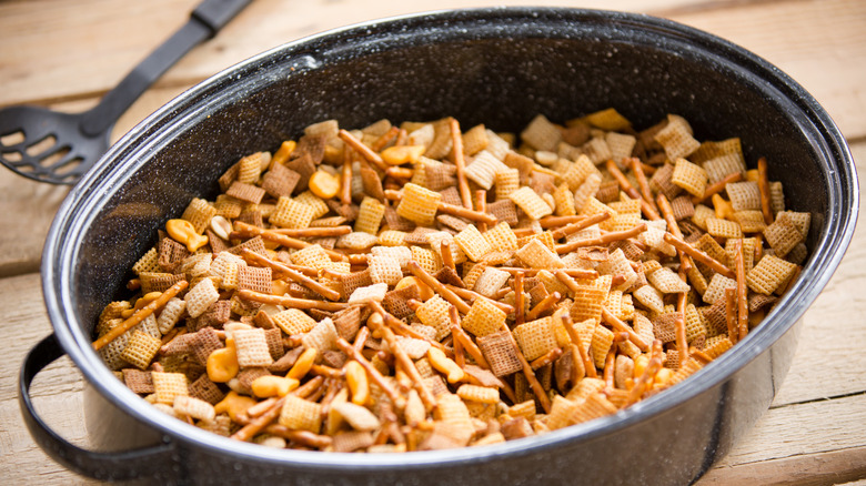 Chex mix in a roaster pan