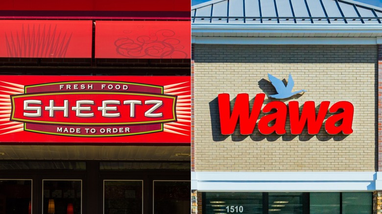 Signage for a Sheetz and a Wawa displayed side by side