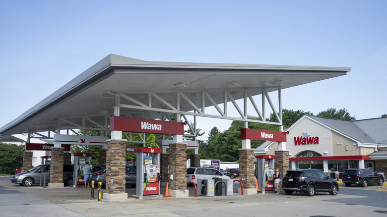 The exterior store and gas pumps of a Pennsylvania Wawa location