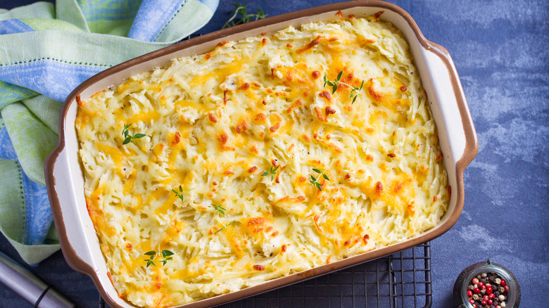 shepherd's pie or cottage pie in a casserole dish