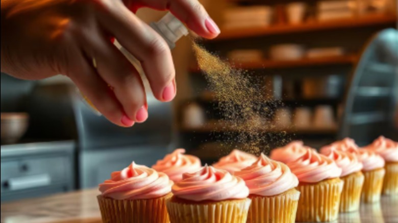 A hand spraying Bakell Tinker Dust Edible Glitter atop cupcakes with pink frosting.