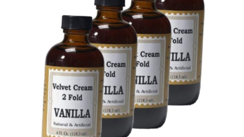 Bottle of LorAnn Oils velvet cream two-fold vanilla extract against a white backdrop.