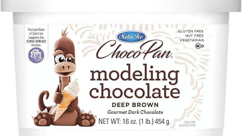 A tub of Satin Ice ChocoPan modeling chocolate against a white backdrop.