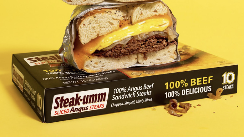 Steak-Umm package with sandwich on top