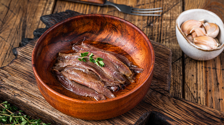 Anchovy fillets in a bowl