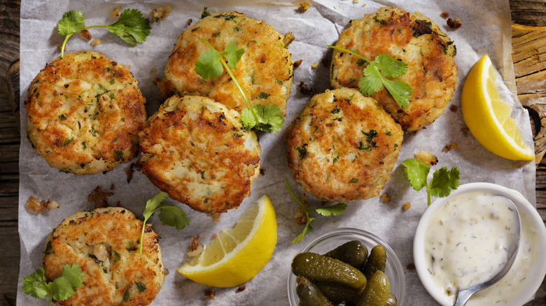 Crab cakes on a platter with tartar sauce, pickles, and lemon