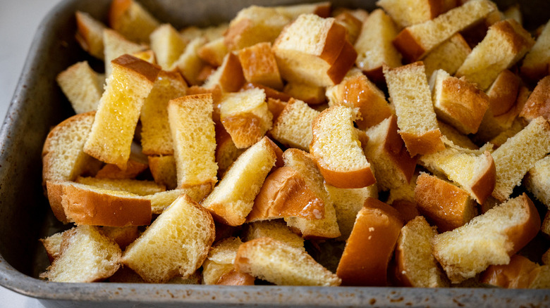 brioche bread chunks in pan