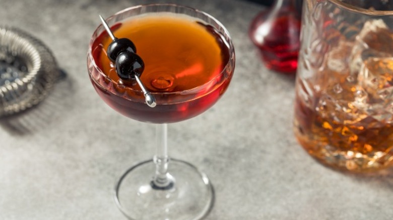 A Manhattan cocktail in a stemmed cocktail glass