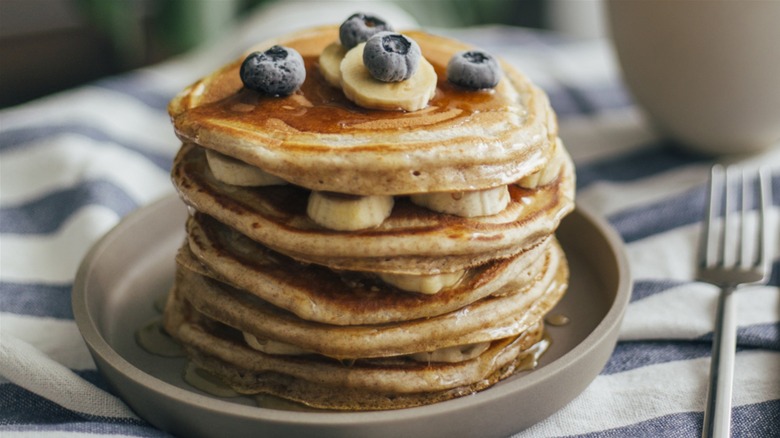 Pancakes with blueberries and bananas