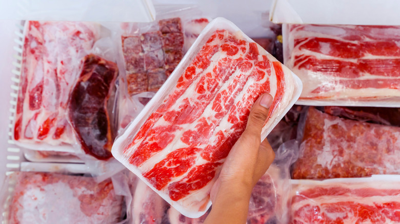 Package of frozen thinly sliced beef