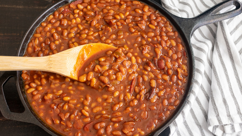 Baked beans in a skillet