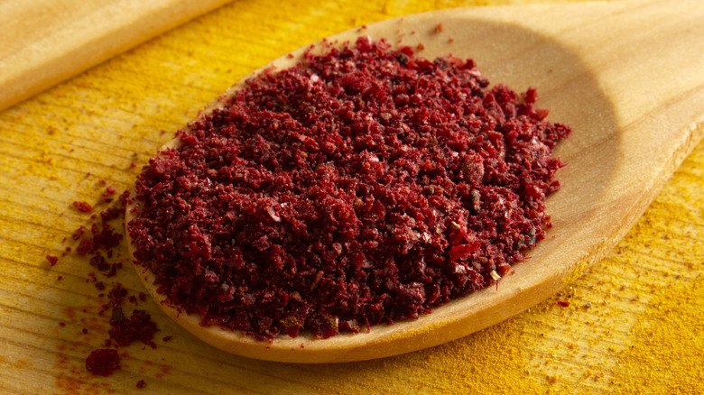 Ground, crimson red sumac on a wooden spoon