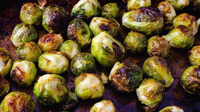 roasted, browned brussels sprouts on sheet pan 