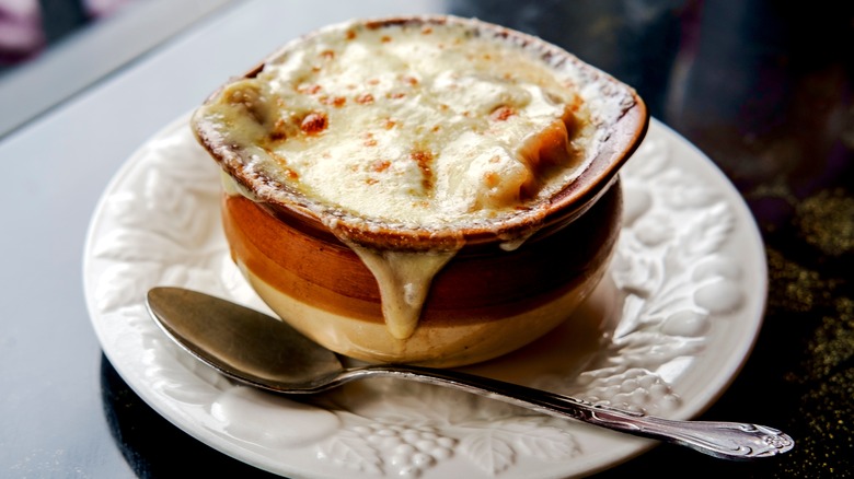 French onion soup in crock