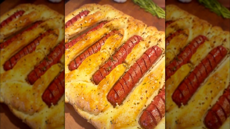 Hot dogs baked in a focaccia