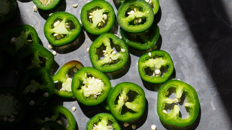 Slices of fresh green jalapenos