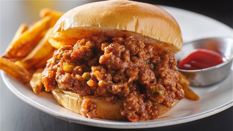 Sloppy Joe with fries and ketchup