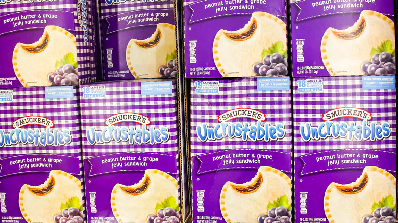 uncrustables stacked on a shelf