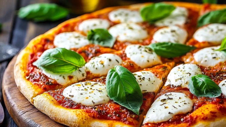 Pizza with tomatoes, cheese, and basil