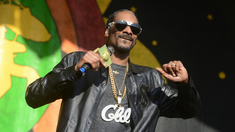 Snoop Dogg performing in a black leather jacket, black sunglasses, and gold chain, with a gold and green microphone