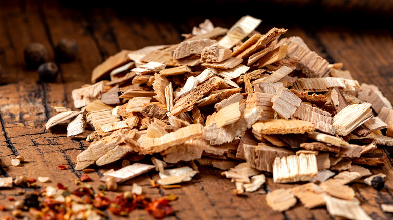 Wood chips for grilling on rustic background