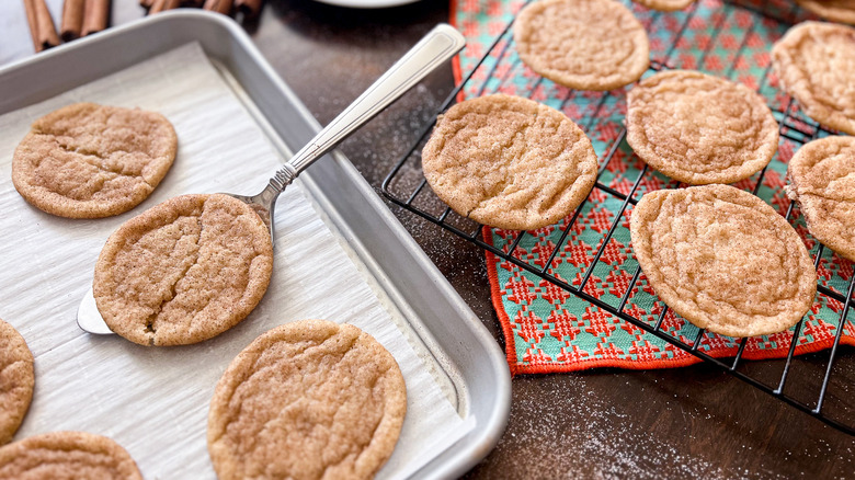 soft and chewy snickerdoodles on tray 