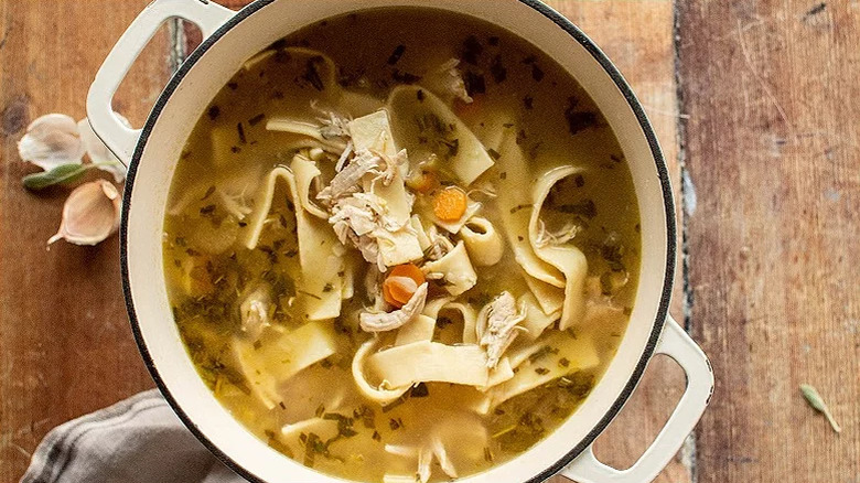 Pot of chicken noodle soup
