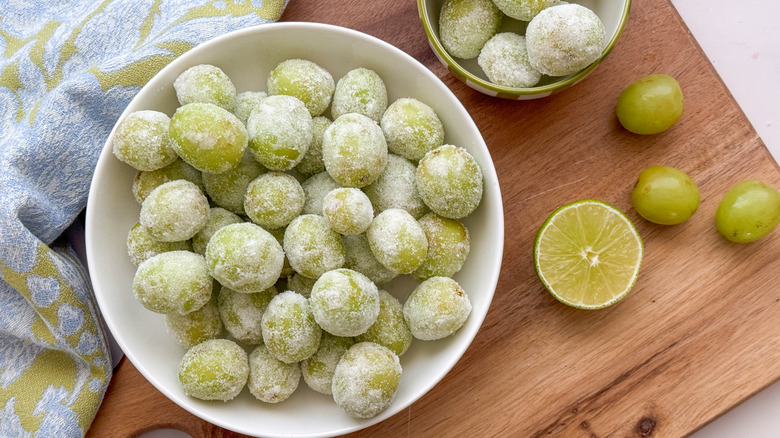 grapes in bowl on board