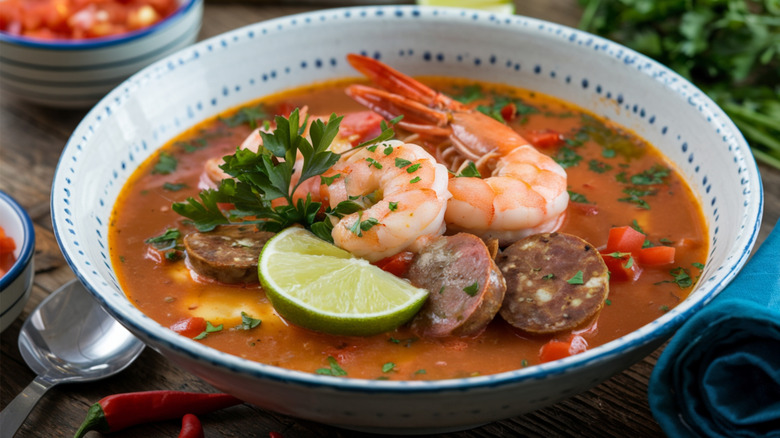 A white bowl of Cajun Gumbo